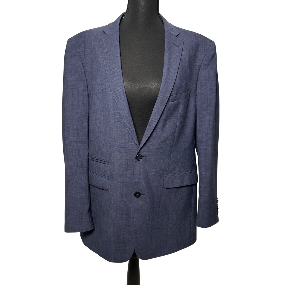 Vince Camuto Slim Fit Blue Plaid‎ 2 Button Wool Blazer Jacket Preppy Men 42L